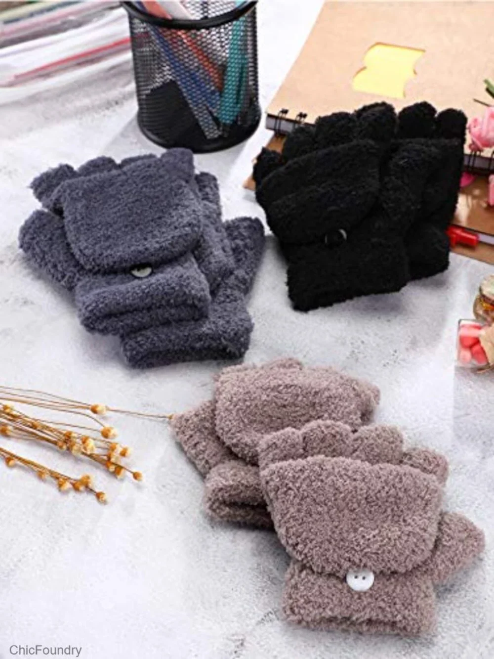 3 Pack Kids Fingerless Convertible Gloves Flip Top Mittens Winter Soft Knit